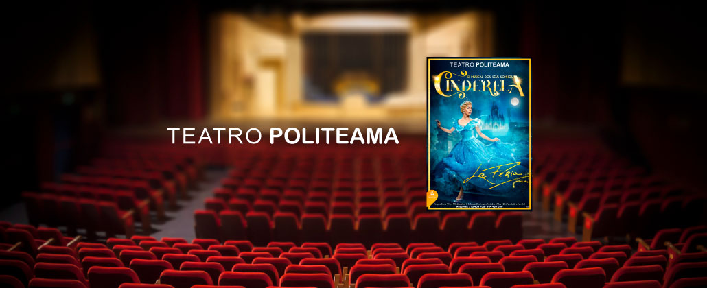 Sala do Teatro Politeama vazia, com um cartaz de espetáculo em cima na imagem.